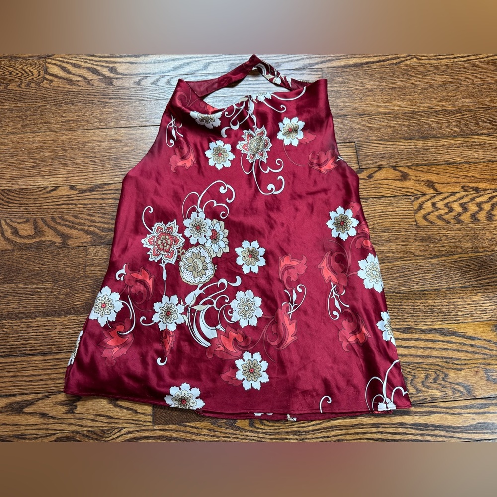 Ann Taylor Red Floral Satin Halter Neck Blouse Women’s Size 8